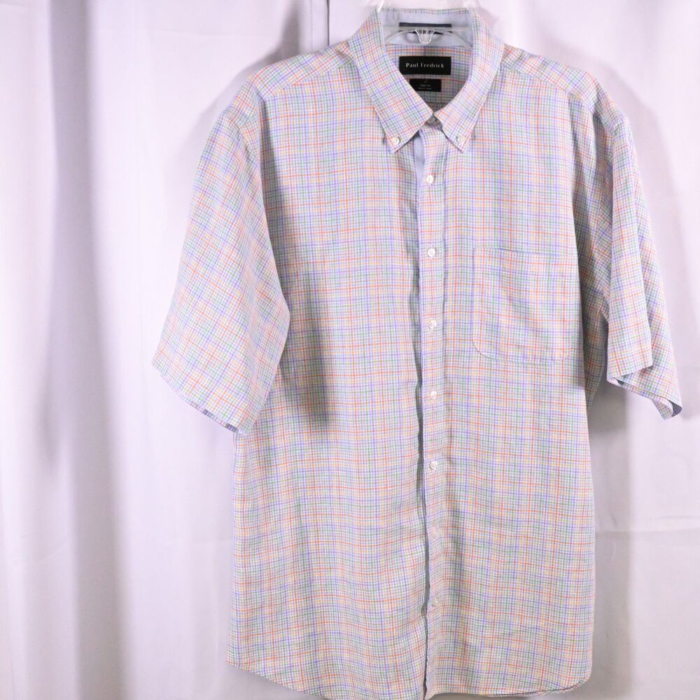 Paul Fredrick Men's 17 Neck Plaid Linen Short Sleeve Shirt Slim Fit Dress Shirt